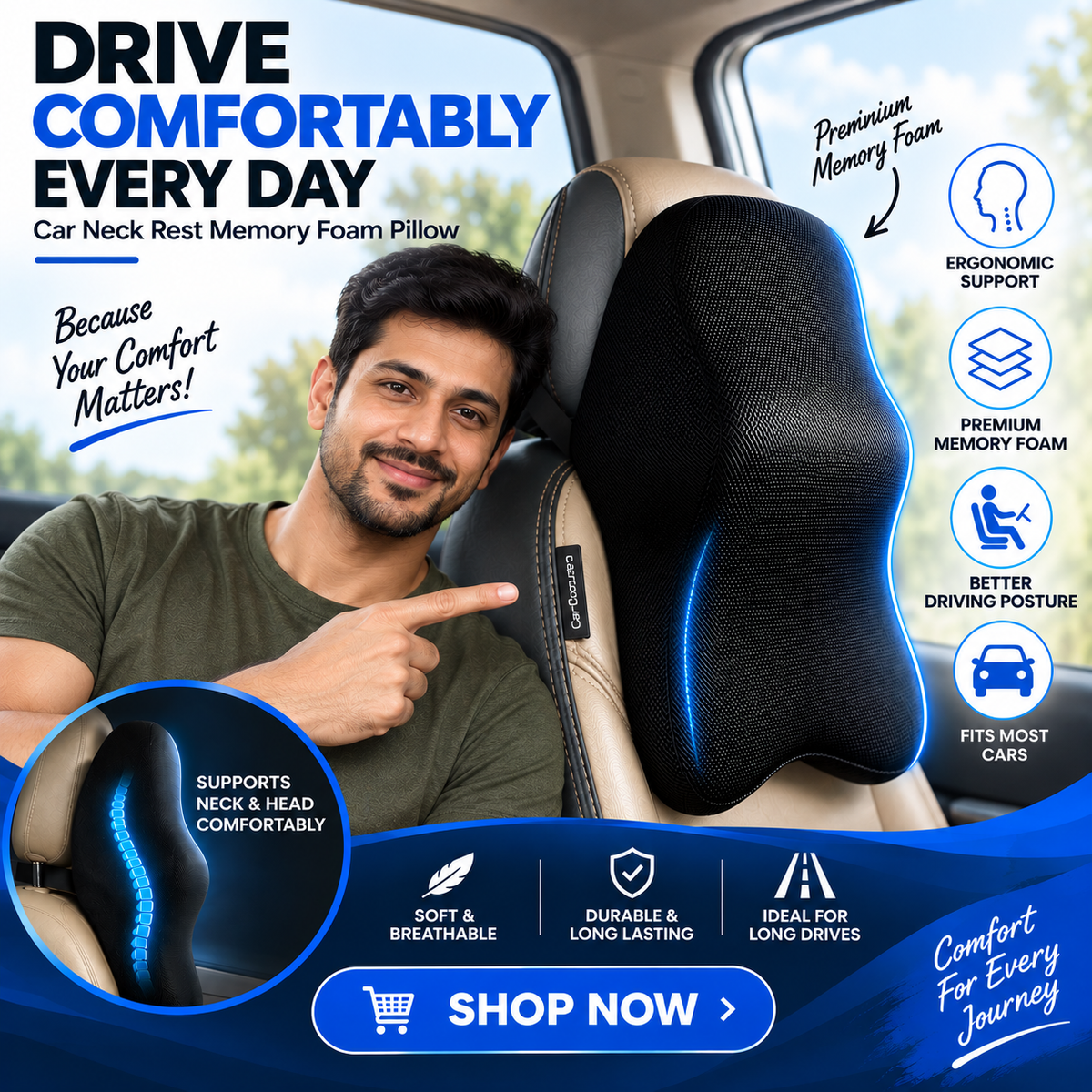 Car Neck Rest Memory Foam Pillow | Ergonomic Neck Support