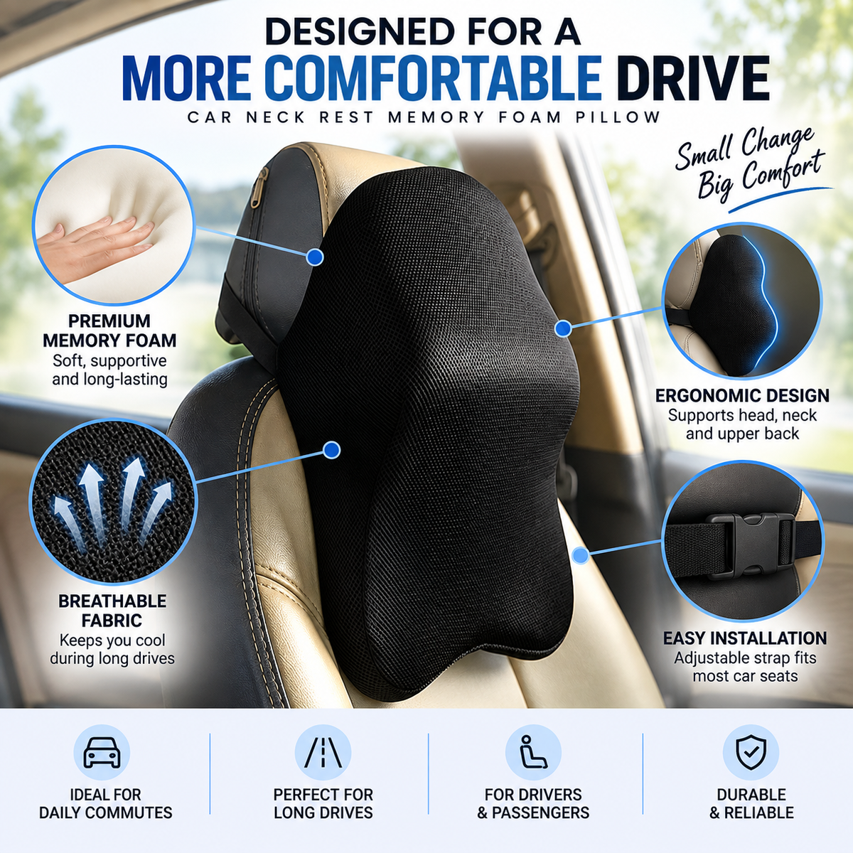 Car Neck Rest Memory Foam Pillow | Ergonomic Neck Support